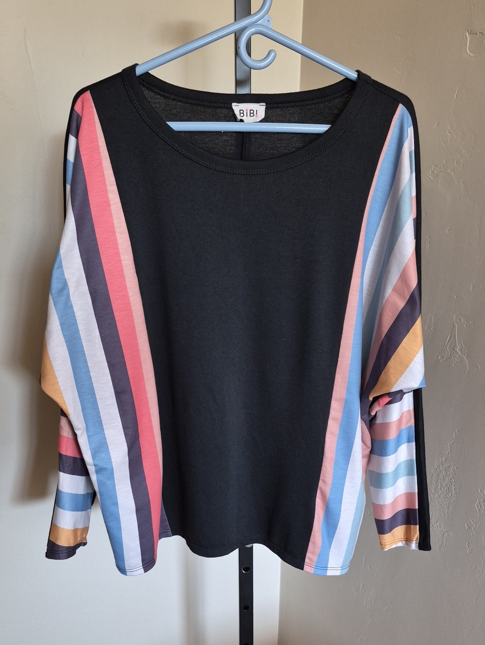 BiBi Black Top with Pastel Multi-Stripe Dolman Sleeves Size M